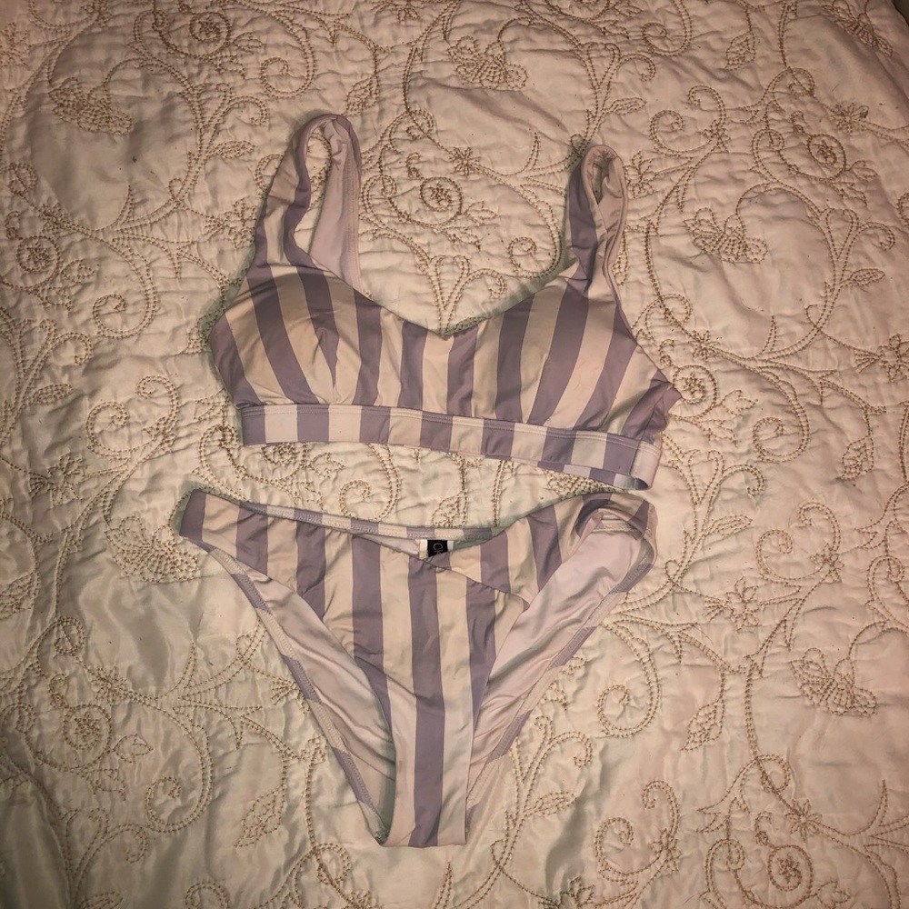 Purple and white striped bikini